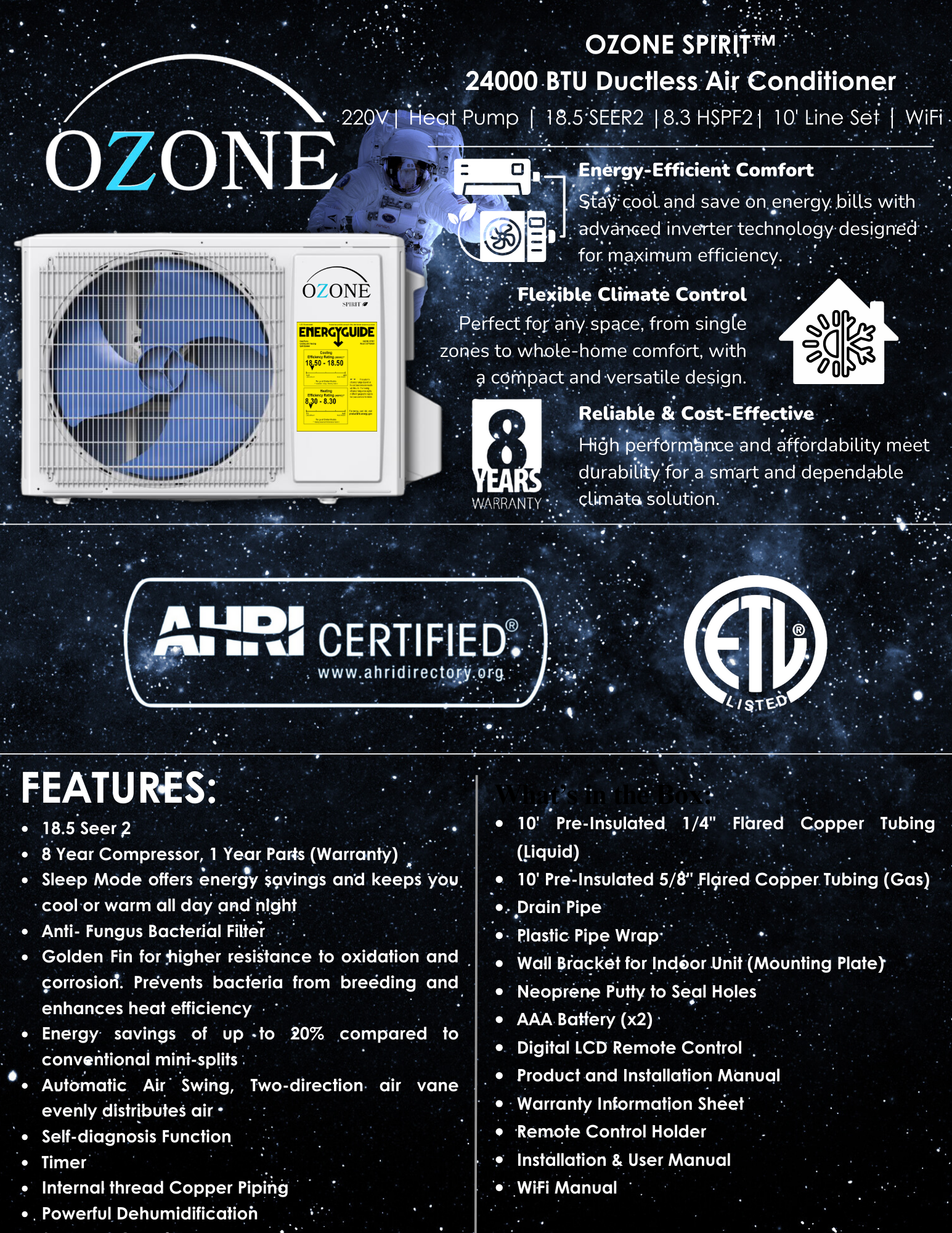 18.5 SEER2 8.3 HSPF2 24K BTU Ozone Mini Split Cooling/Heat 220V Wifi | AHRI & ETL Certified | Inverter image 5