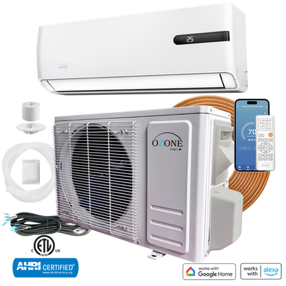 Ozone Mini Split unit with accessories and a smartphone displaying the app on a white background