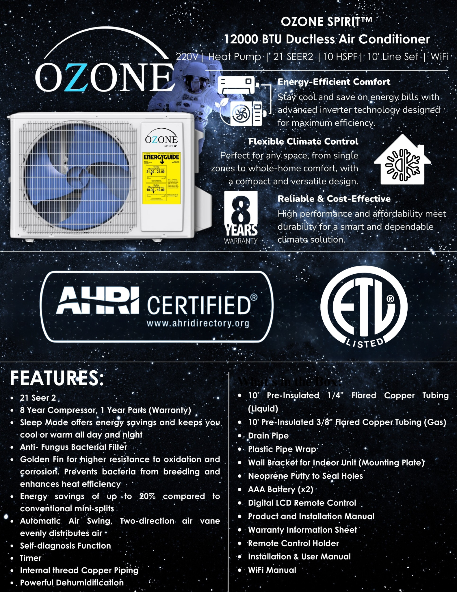 21 SEER2 10 HSPF2 Ozone Mini Split 12K BTU Cooling/Heat 220V Wifi | AHRI & ETL Certified | Inverter image 5