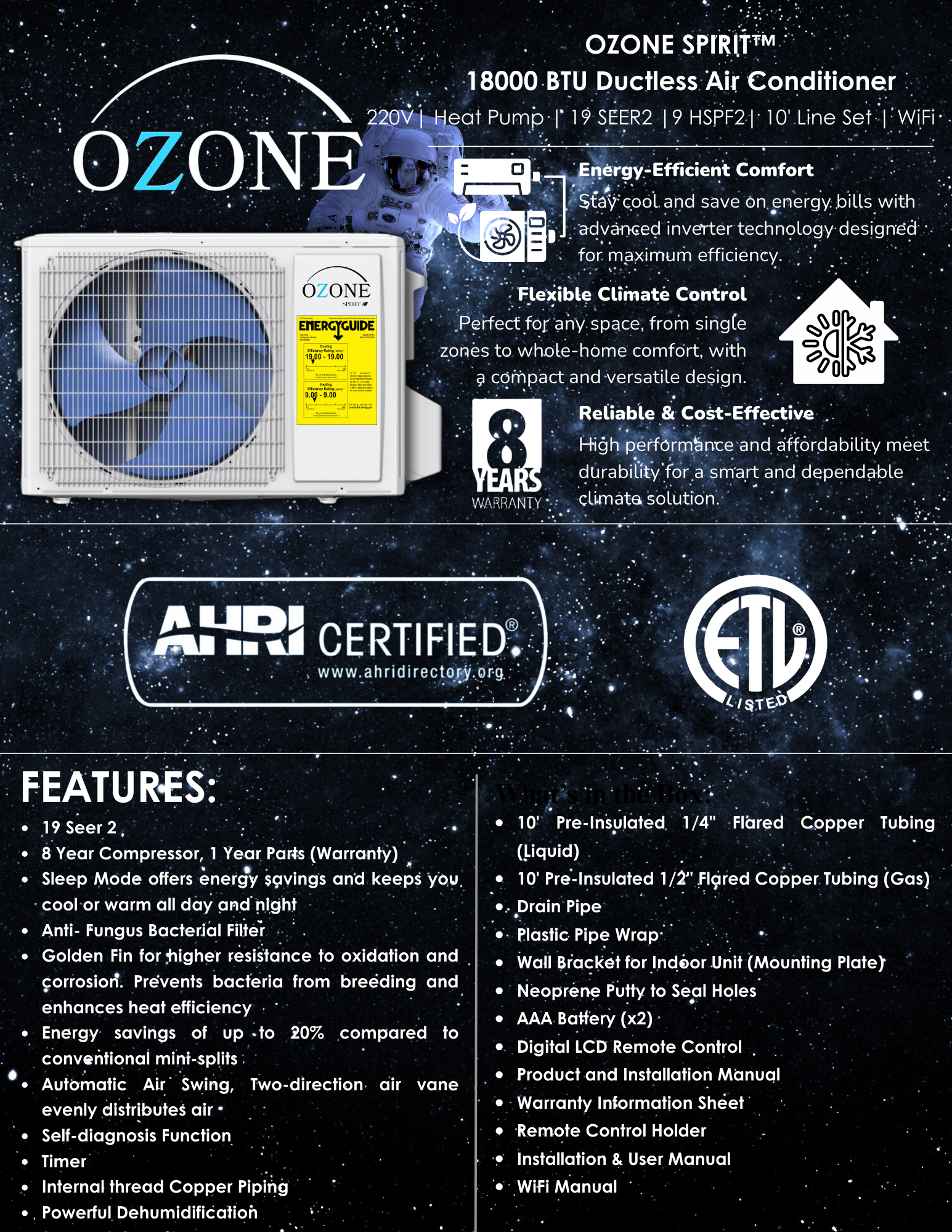 19 SEER2 9 HSPF2 18K BTU Ozone Mini Split Cooling/Heat 220V Wifi | AHRI & ETL Certified | Inverter image 6